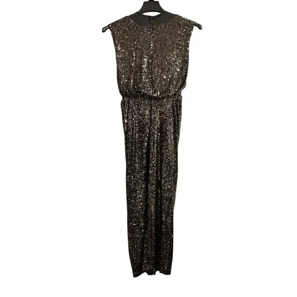 Halston Ranae Cocktail Dress Womens 0 Black Silver Sequin Sheath Blouson Drape